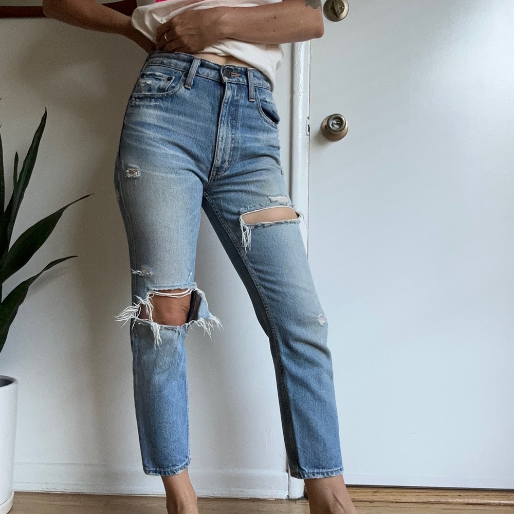 Moussy tapered leg, slight crop, high waist distressed jeans